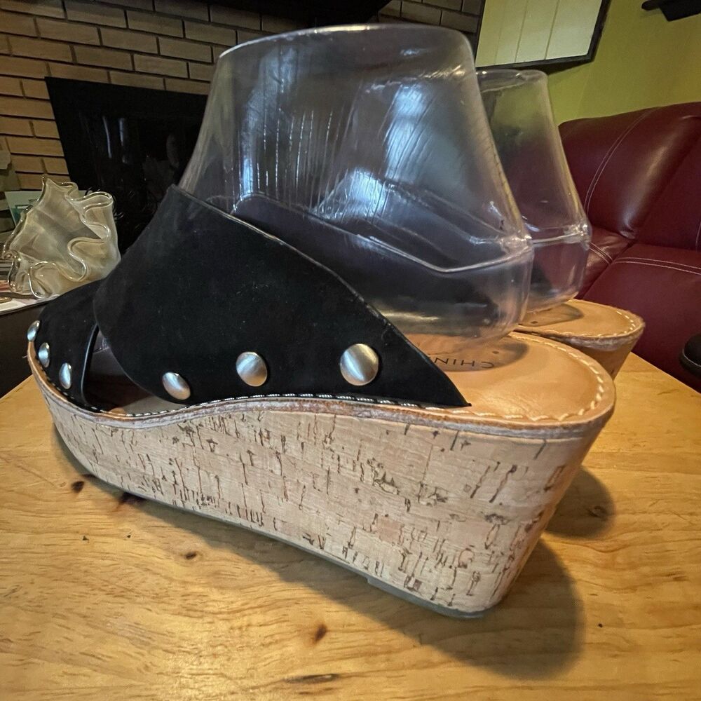 Chinese Laundry Wedge Cork Sandals with studs, Black Suede, Women's US 10 EU 41 - Picture 7 of 16